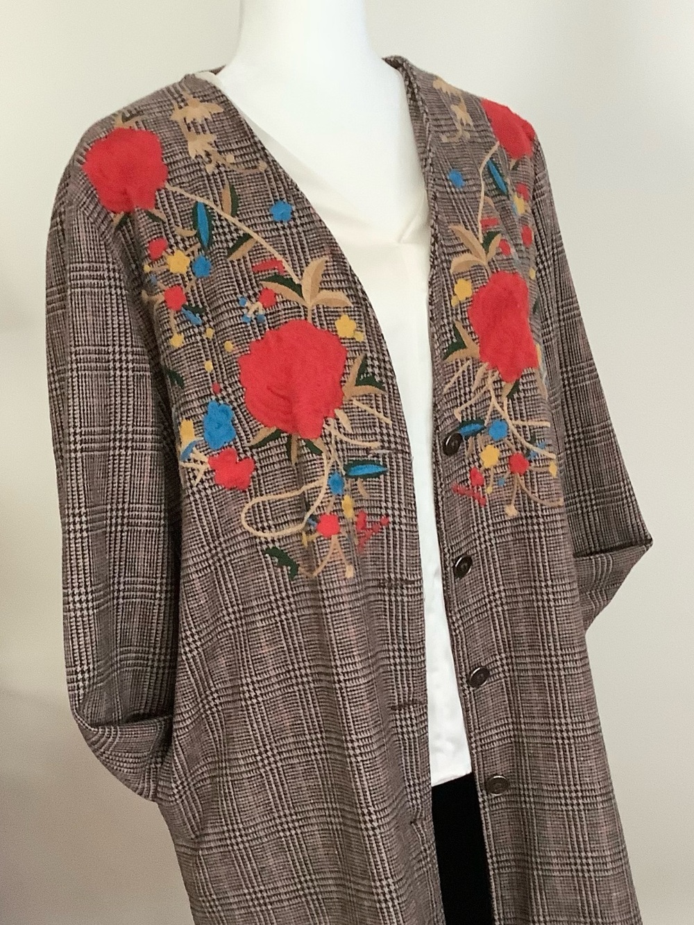 Unique, Rare , Vintage Plaid Long Coat with Red Floral & Phoenix  Embroidery